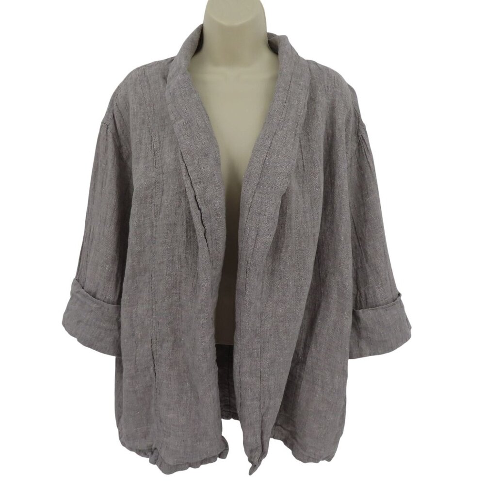 Tahari Women Medium Gray All Linen Open Front Blazer Suit Jacket Coat Pockets